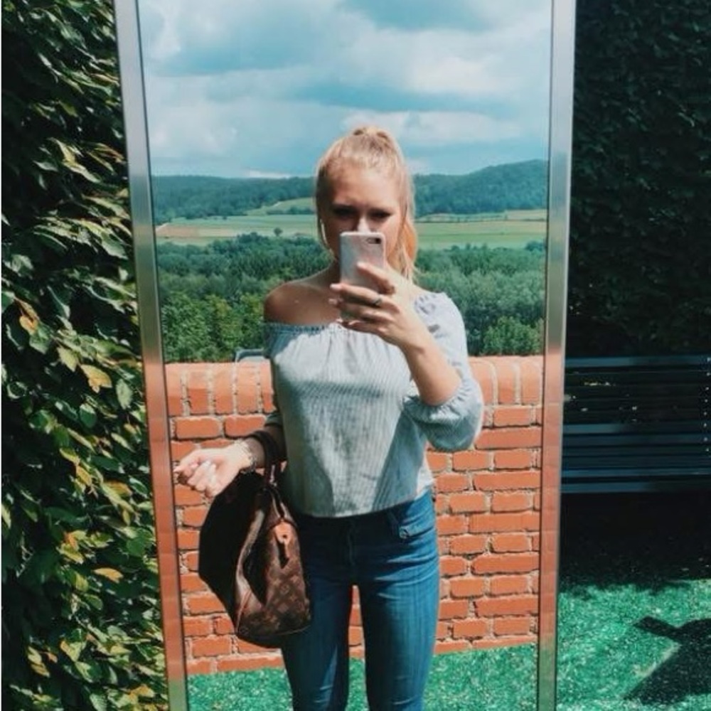 Brandy Melville off the shoulder striped blue and white blouse